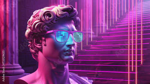 Statue with Digital Sunglasses - Retro Futurism and Pop Culture Concept