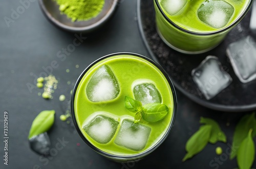 A clear glass contains green matcha tea and is topped with ice cubes and a basil leaf