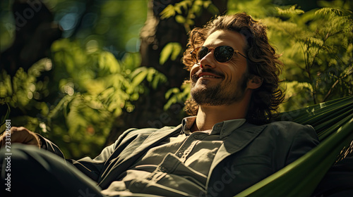 Mature man sporting sunglasses finds solace as he leisurely lounges in a hammock, evoking pure tranquility.
