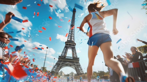 Marathon Runner Celebrated in Paris, Eiffel Tower Backdrop Amidst Cheering Crowd photo