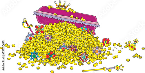 Large pile of gold coins and jewels from a royal treasury of a dead angry king lying in his coffin in a palace of a fairytale kingdom, vector cartoon illustration on white