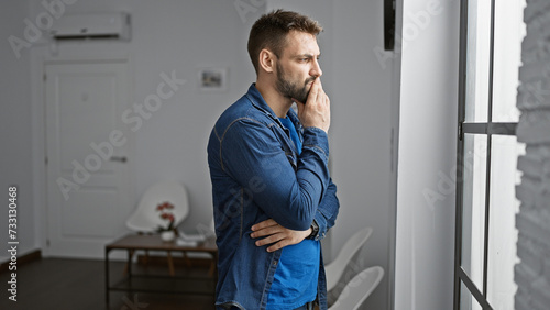 Handsome young hispanic man, lost in thought, peering through the window at the waiting room, portraying a cool but serious expression. indoor portrait showcasing his casual lifestyle.