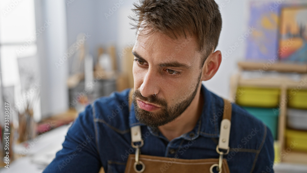 Obraz premium Relaxed young hispanic man, a portrait of handsome bearded artist, focused and concentrating on drawing with paintbrushes at art studio, perfecting canvas masterpiece