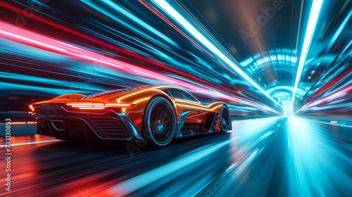 A vibrant speed and motion concept: a sleek, modern sports electric vehicle (EV) speeds through a neon lights tunnel, creating dynamic and energy atmosphere, overall mood is intense and energetic © avitali