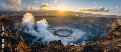 Active Volcanic Crater Emitting Steam