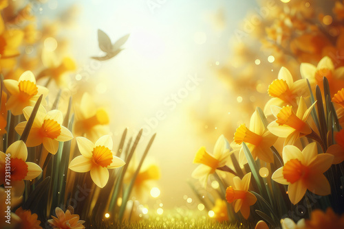 Daffodils blooming in golden sunlight. outdoor nature shot. Spring season and Easter concept. Design for wallpaper, background, header. © Екатерина Переславце