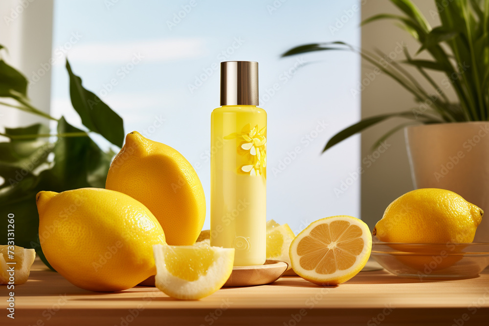 A cosmetic bottle product for skin care mockup. Natural ingredients, lemon. natural cosmetics. AI A cosmetic bottle product for skin care mockup. Natural ingredients, lemon. natural cosmetics. AI