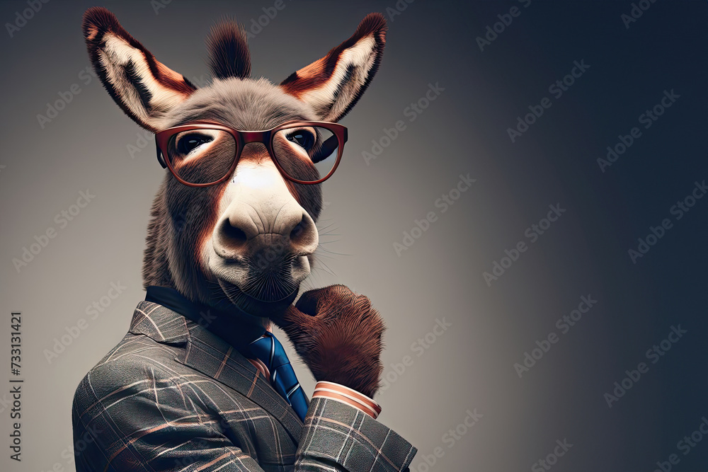 Portrait funny donkey in suit and glasses on background. Anthropomorphic animals concept