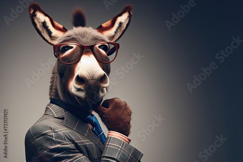 Portrait funny donkey in suit and glasses on background. Anthropomorphic animals concept