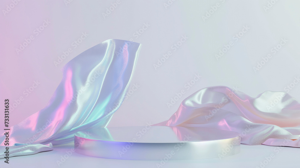 Platform for the catwalk on a white background. with a holographic sparkling layout of floating fabric Platform for the catwalk on a white background. with a holographic sparkling layout of floating fabric