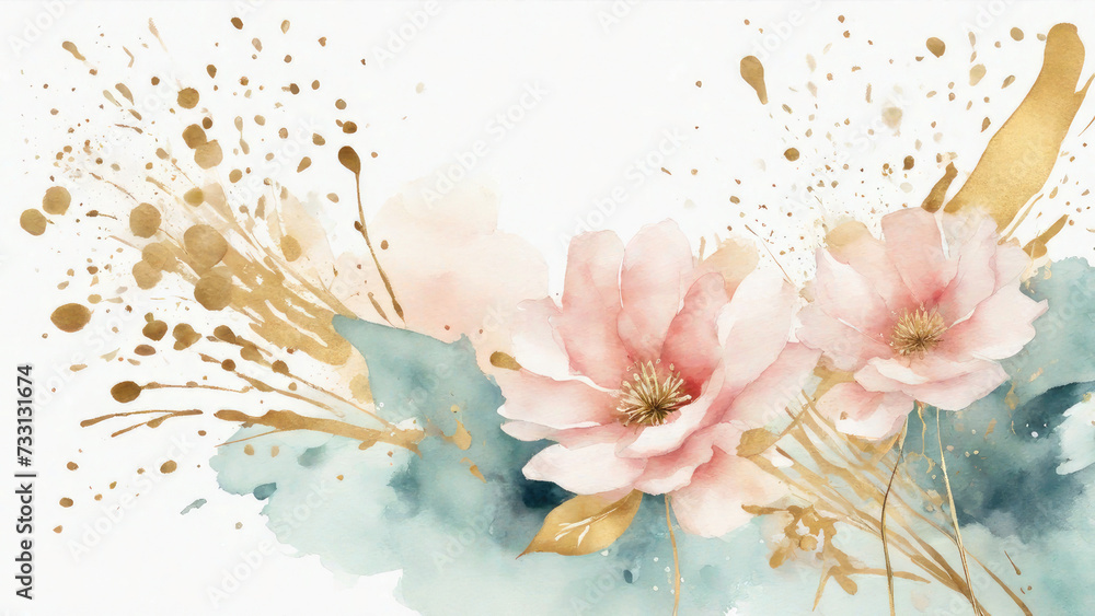 Watercolor illustration. Gentle flower and gold splash for nature banner background. Suitable for use as screensaver, wall decoration, wallpaper, book cover and notebook.