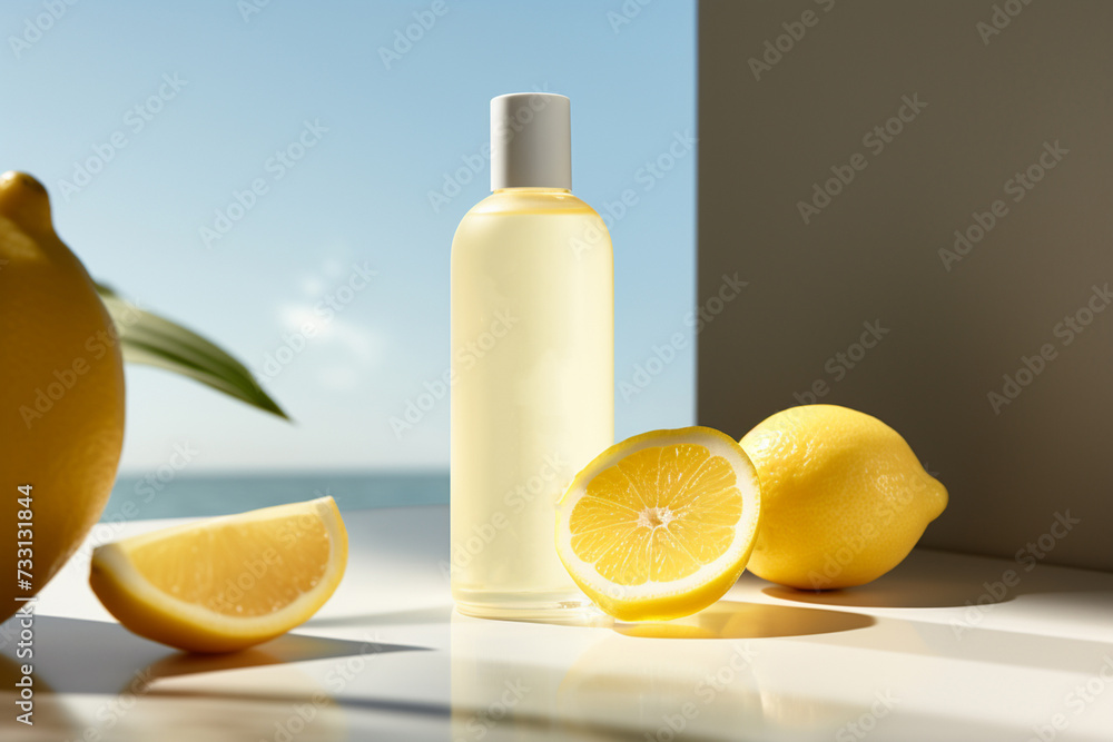 A cosmetic bottle product for skin care mockup. Natural ingredients, lemon. natural cosmetics. AI A cosmetic bottle product for skin care mockup. Natural ingredients, lemon. natural cosmetics. AI