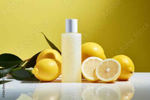 A cosmetic bottle product for skin care mockup. Natural ingredients, lemon. natural cosmetics. AI