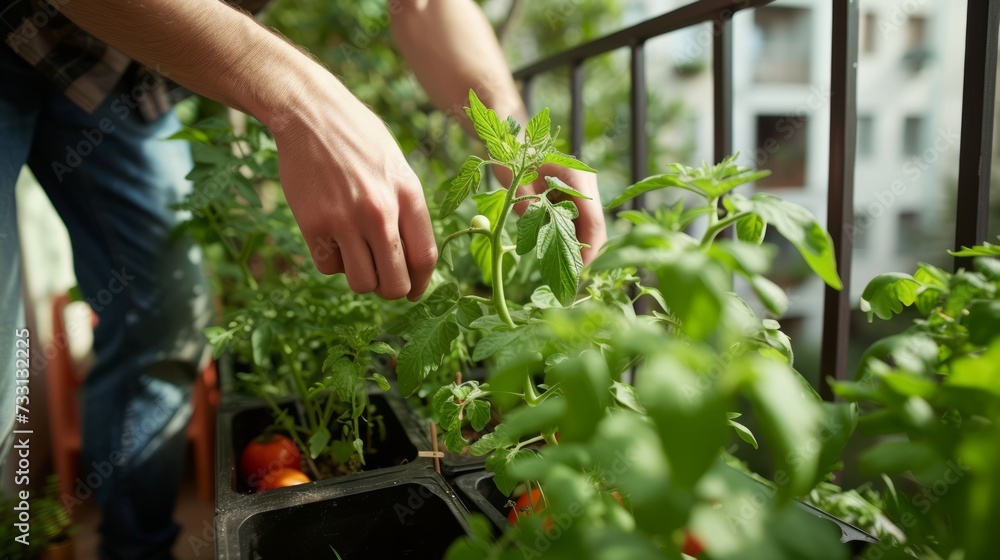Fototapeta premium Urban Gardening Oasis: Nurturing Greenery on a Balcony