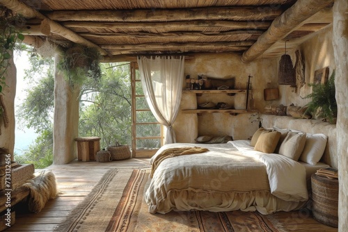 Creative interior of a bedroom in a country house
