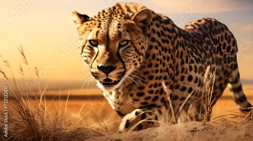 African cheetah walking on plain  staring with alertness