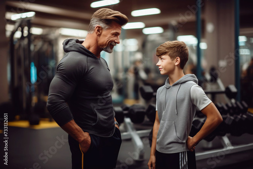 Middle-aged man and a teenager in sportswear are talking in the gym. A coach instructs his student during training. Father and son play sports together. photo