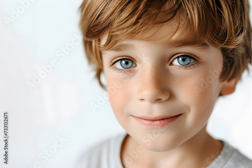 Closeup portrait of handsome little boy isolated on white background