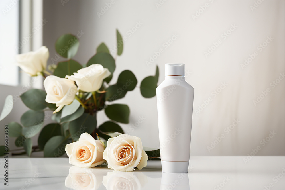 A cosmetic bottle product for skin care white mockup. rose natural cosmetics. AI A cosmetic bottle product for skin care white mockup. rose natural cosmetics. AI