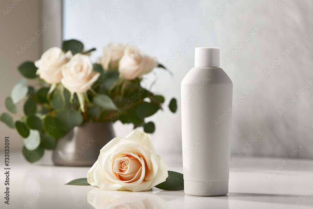 A cosmetic bottle product for skin care white mockup. rose natural cosmetics. AI A cosmetic bottle product for skin care white mockup. rose natural cosmetics. AI