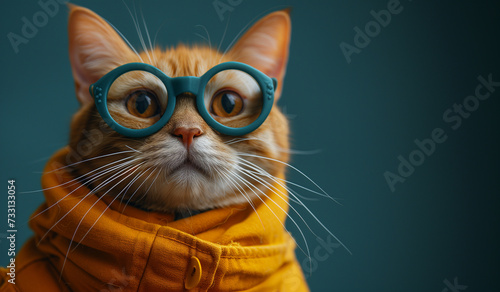 Ginger cat dressed in yellow clothes and glasses