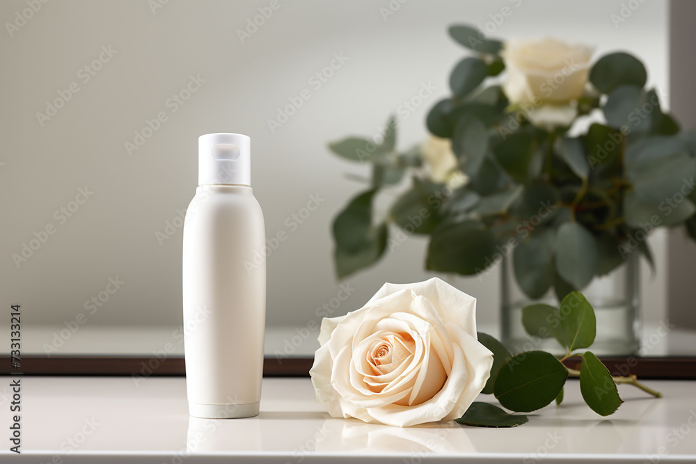A cosmetic bottle product for skin care white mockup. rose natural cosmetics. AI A cosmetic bottle product for skin care white mockup. rose natural cosmetics. AI