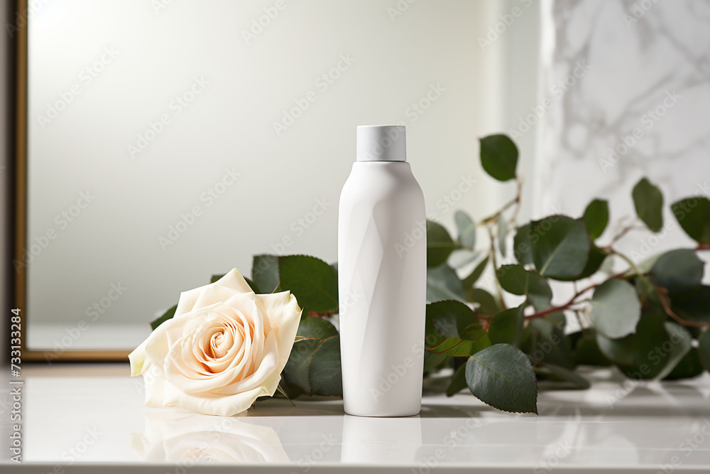 A cosmetic bottle product for skin care white mockup. rose natural cosmetics. AI A cosmetic bottle product for skin care white mockup. rose natural cosmetics. AI