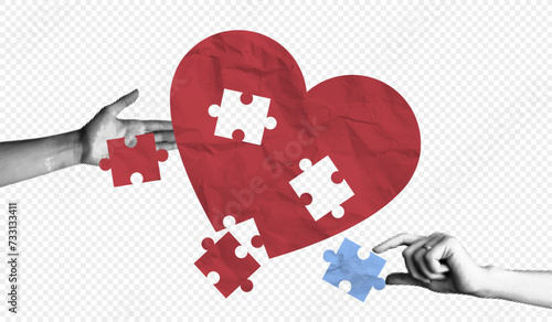Trendy Halftone Collage Two Hand put together heart-shaped puzzle. Concept of building love and strong relationships. Mental health care team working. Valentine's day. Contemporary vector art