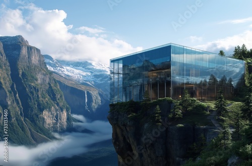 A modern glass hotel perched on a cliff with a backdrop of mountains