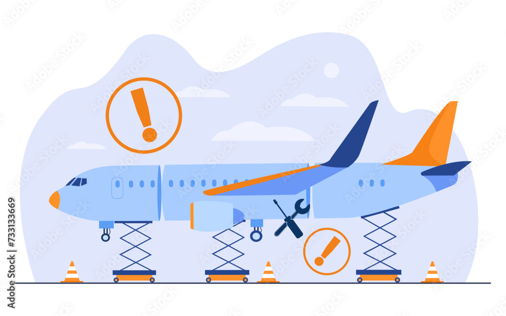 Servicing aircrafts concept. Vector illustration of airplane, wrench, screwdriver and warning signs showing places to repair. Inspection of unsafe aircraft for finding violations in construction. 