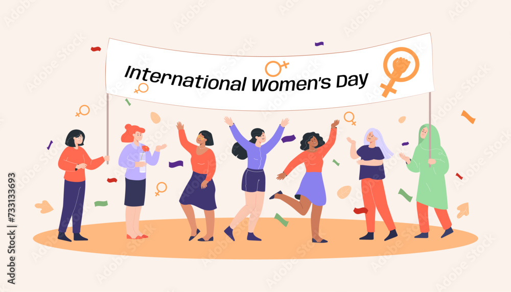 Women of different nationalities celebrating International womens day vector illustration. Venus signs, confetti and banner on background. Empowerment, equity, womens rights, equality concept