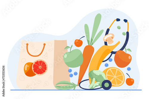 Healthy food vector illustration. Paper bag with fresh vegetables and fruit and stethoscope. National nutrition month  health concept