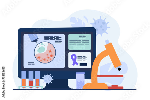 High-power microscope showing destruction of cancer cells on computer. Vector illustration. Cancer cells, test tubes, pills on background. Effective methods for cancer treatment concept photo