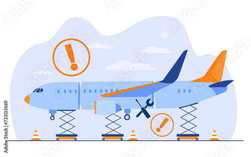Servicing aircrafts concept. Vector illustration of airplane, wrench, screwdriver and warning signs showing places to repair. Inspection of unsafe aircraft for finding violations in construction. 