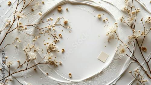 White round frame with small delicate white flowers on white background. wedding cards, bridal shower or other party invitation cards, Place for text. Flat lay, top view. 