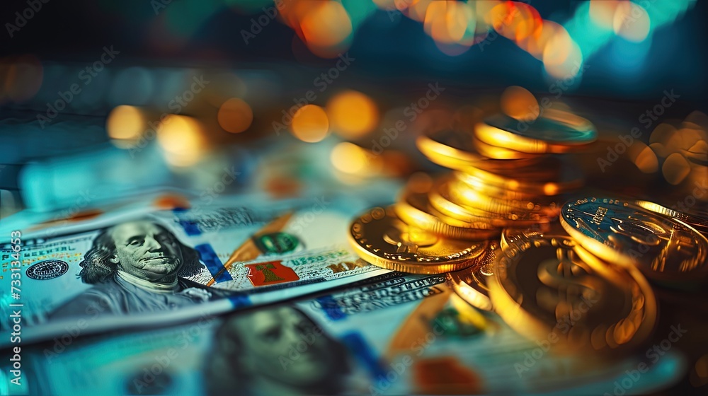 Business finance and investment world economic growth. Background with golden coins, dollars and stock charts. Dollars and cents paving the way to prosperity. - obrazy, fototapety, plakaty 