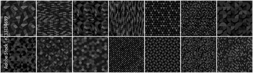 Collection of seamless black geometric patterns. Dark mosaic tile endless textures. Abstract unusual backgrounds. Minimalistic modern prints