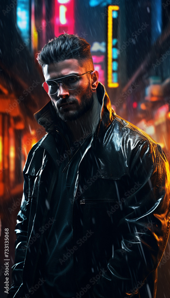 A man in futuristic city gangster look in a cyberpunk neon painting. generated by AI.