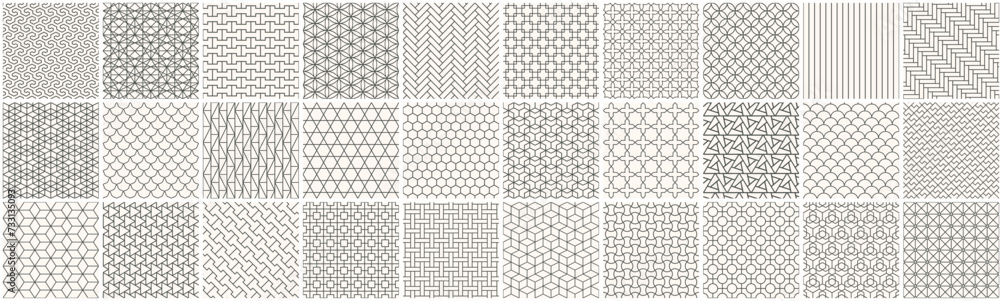 Collection of seamless ornamental geometric patterns - unusual design. Vector repeatable grid outline textures - symmetric ornate prints. Monochrome backgrounds - obrazy, fototapety, plakaty 