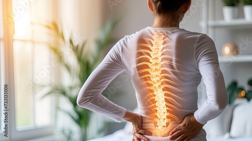 Digital composite of highlighted spine of woman with back pain at home. Back pain at home: spine highlighted, discomfort revealed.