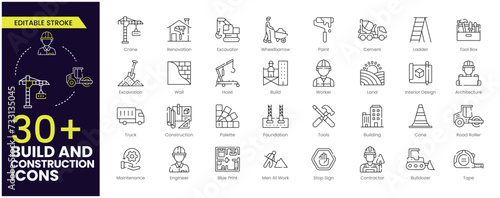 Build and construction stroke icon set. Containing crane, building, land, excavator, maintenance, contractor, worker, architecture and more. Editable outline icons vector collection. photo