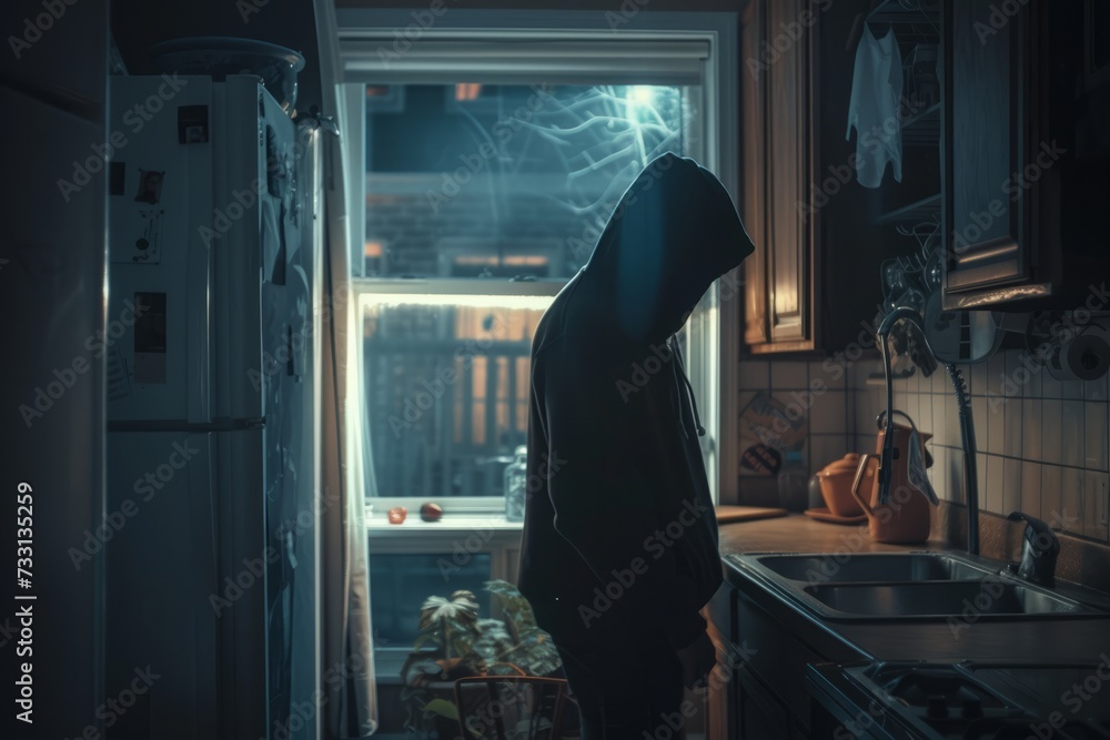 Person Standing in a Kitchen Next to a Refrigerator Person Standing in a Kitchen Next to a Refrigerator