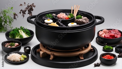 Top view delicious Shabu Shabu hotpot with meat and vegetables Japanese food in black bowl  isolated on white
