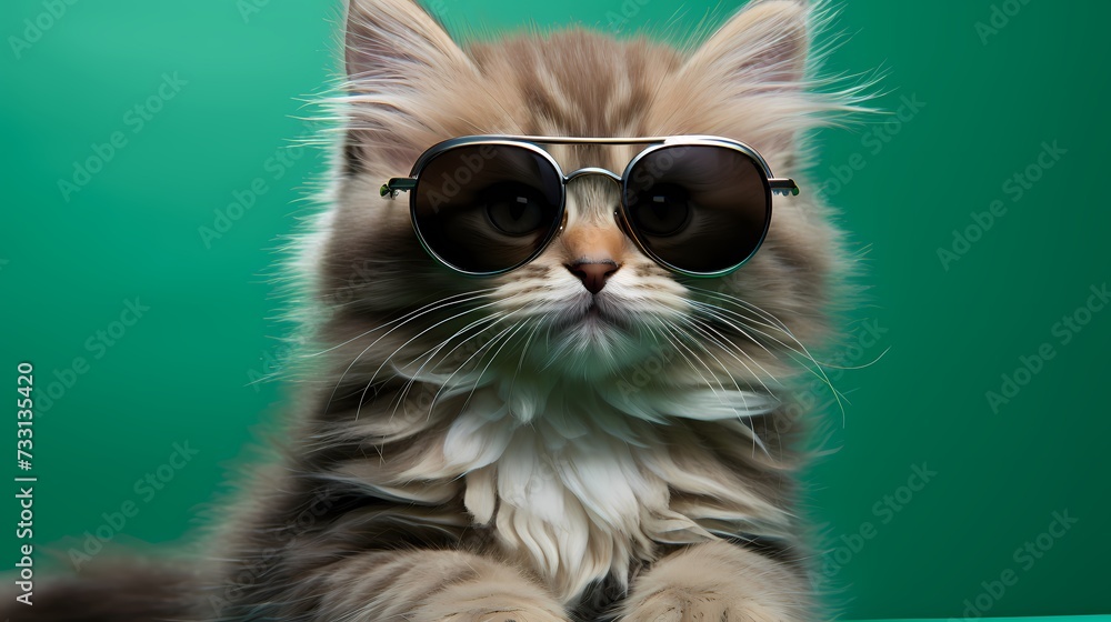 A cute kitten showcases its fashion-forward style in a vibrant outfit and trendy glasses against a vivid green backdrop. Its playful demeanor and chic accessories steal the show