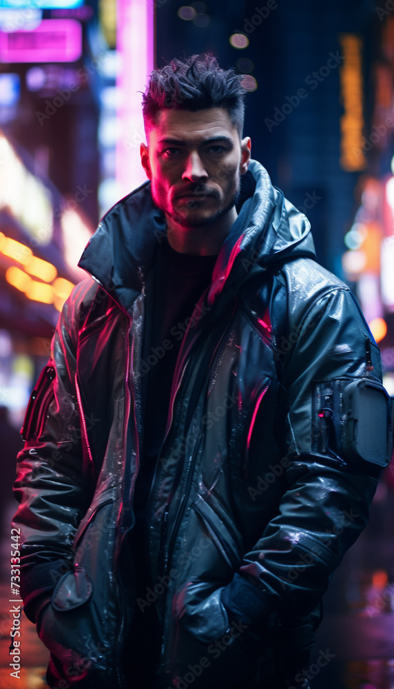 A man in futuristic city gangster look in a cyberpunk neon painting. generated by AI.