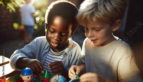 A Caucasian boy plays with toys together with an African American boy indoors as friends.