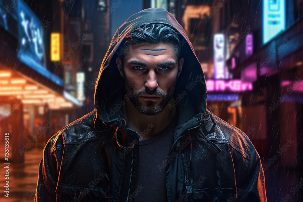 A man in futuristic city gangster look in a cyberpunk neon painting. generated by AI. A man in futuristic city gangster look in a cyberpunk neon painting. generated by AI.