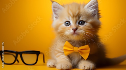 A cute kitten wears a chic ensemble and stylish eyeglasses, showcasing its fashion-forward attitude against a solid bright yellow background. Its adorable appearance and trendy accessories melt hearts