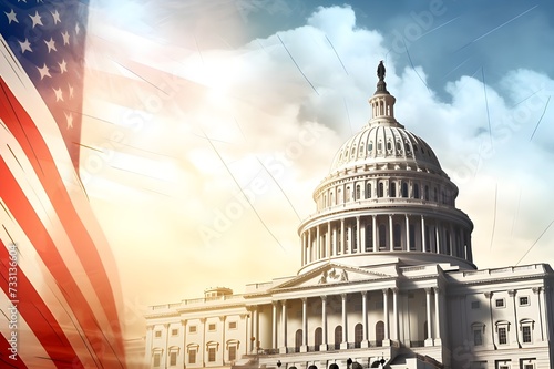 Concept of election day in capital Washington with american flag waving in wind
