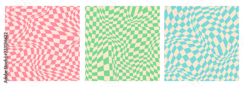Set of groovy hippie 70s style backgrounds. Chessboard and twisted pattern. Vector psychedelic abstract grid fun wallpaper. Retro style design for print on textile, paper, social media or web design.